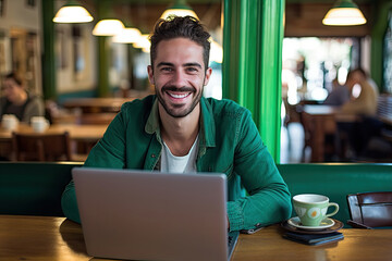 Man smiling at laptop computer at empty cafe table