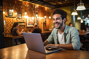 Obraz premium Man smiling at laptop computer at empty cafe table