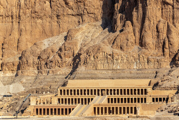 View of the Mortuary Temple of Hatshepsut built into the sie of a cliff near Luxor, Egypt