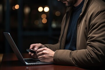 Man working on laptop computer at empty cafe table