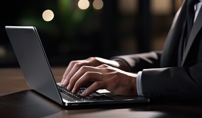 Man working on laptop computer at empty cafe table