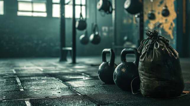 Kettlebells at fitness gym with sand bags