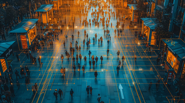 A close-up of facial recognition camera capturing faces in a crowded city environment