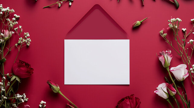 Flowers composition. Blank card and envelope on red background. Frame of roses and gypsophila flowers. Flat lay, top view, copy space. Stylish festive design of gift wrapping, cover, board.