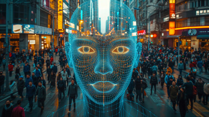 Cutting-edge technology on a city sidewalk as facial recognition system scans passersby