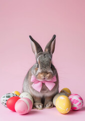 Postcard with holiday easter rabbit with bow sitting around decorated easter eggs isolated on neutral pink background
