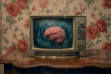 Medienkontrolle: Hirn im Fernseher als Symbol für die Einschränkung der Meinungsfreiheit