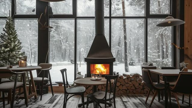 Cozy winter cafe interior with Christmas fireplace, looped footage