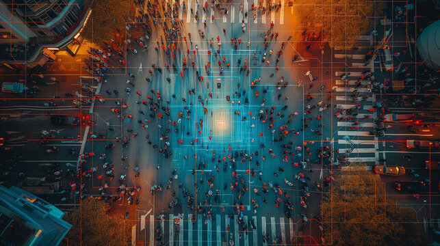 Facial recognition in action, identifying individuals amidst sea of city commuters