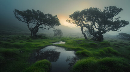 Fototapeta na wymiar Foggy Fanal, Madeira. Ancient laurels on a grassy meadow, puddles, sunset.