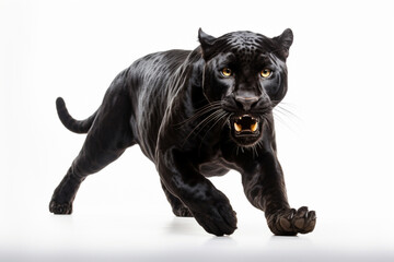 Obraz premium Black Jaguar leaping toward the camera on a white background, feline front portrait 