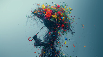 Concept of environmental protection.
A figure of a faceless woman with an umbrella of flowers