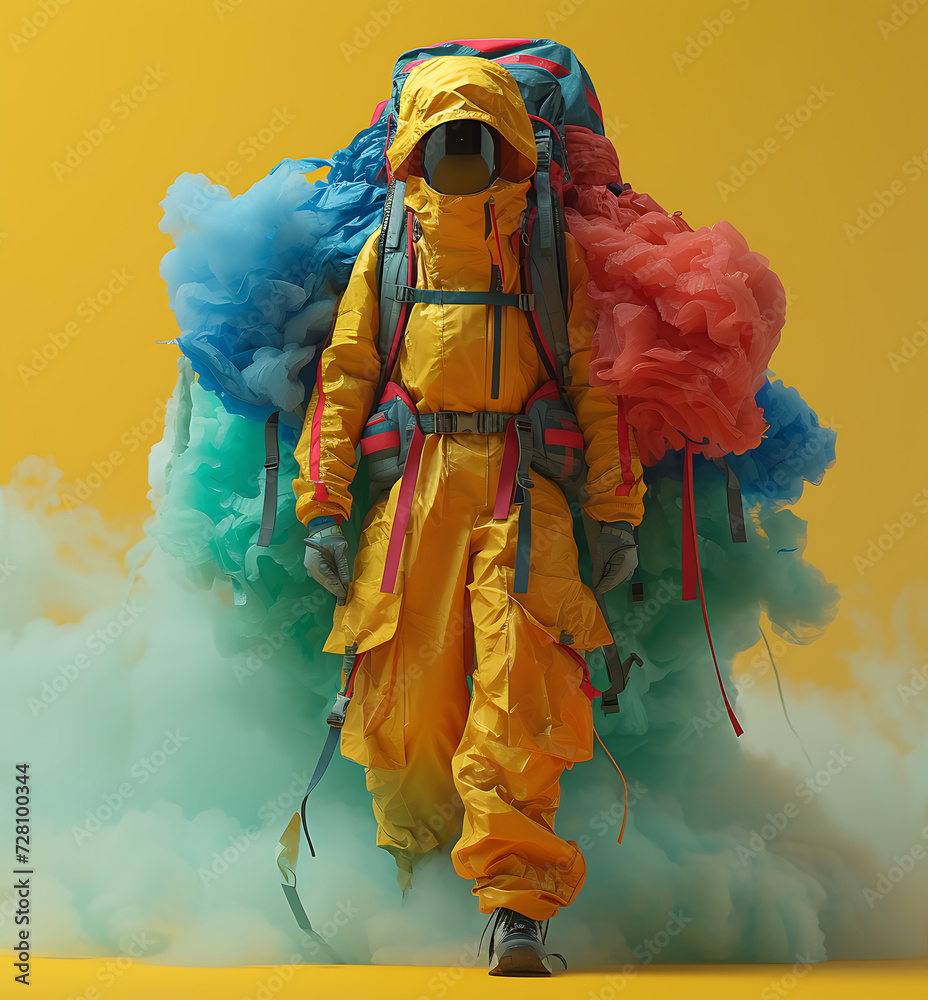 Wall mural concept of environmental protection. a man in a yellow protective suit