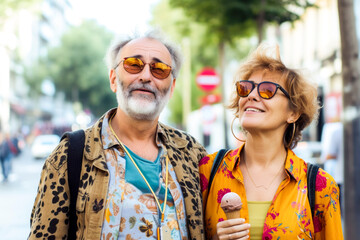 beautiful middle-aged couple, listening to music while strolling through the city with a ice cream to go on summer holidays