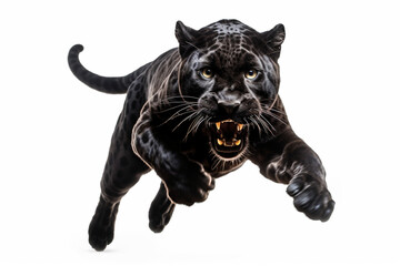 Black Jaguar leaping toward the camera on a white background, feline front portrait	
