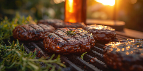 Barbecue Event mit leckeren saftiges Fleisch und Burger auf dem Grill, ai generativ