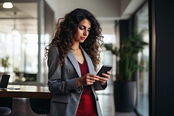 Fototapeta premium Woman standing in office, looking at cell phone.