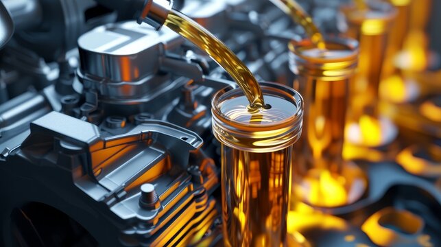 3d illustration of car engine with lubricant oil on repairing. Concept of lubricate motor oil