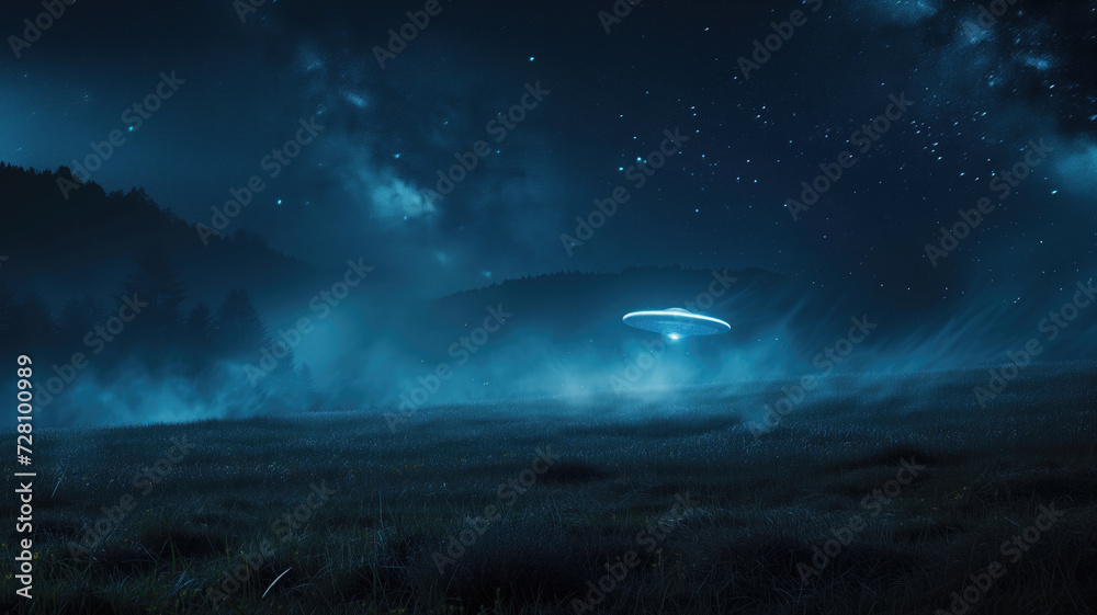 Wall mural futuristic ufo lands on a field during starry mysterious night in infinite universe with many clouds