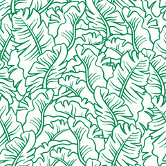 Banana plant leaves vector pattern for textile design, fabric print, wallpaper, digital paper. Palm tree leaf background, jungle vintage style, hand drawn illustration for cafe, spa hotel decoration.