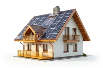 House with solar panels isolated on white background