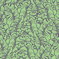 Fototapeta na wymiar Banana plant leaves vector pattern for textile design, fabric print, wallpaper, digital paper. Palm tree leaf background, jungle vintage style, hand drawn illustration for cafe, spa hotel decoration.