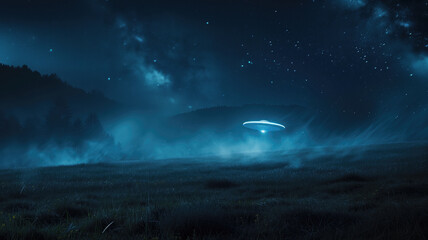 Fototapeta premium Futuristic UFO lands on a field during starry mysterious night in infinite universe with many clouds. Universe fantasy astronomy space background wallpaper