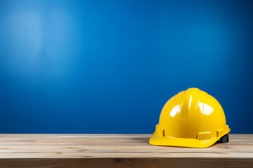 Yellow construction helmet on a blue background. The concept of Labor Day. Builder's Day. Copy space.