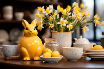 Easter-inspired table setting with tulip bouquets and ceramic bunny on taable.