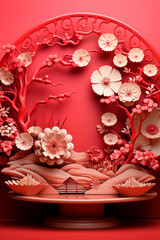 3d podium background themed chinese new year.Red background for Chinese lunar new year concept.