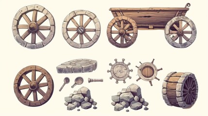 Ancient wheel. Wooden wheelbarrow, rusty wagon and old stone wheels. Retro car tires cartoon vector game design assets set of antique wood wheel, old and ancient illustration - obrazy, fototapety, plakaty