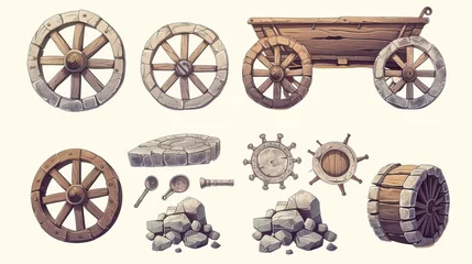 Gardinen Ancient wheel. Wooden wheelbarrow, rusty wagon and old stone wheels. Retro car tires cartoon vector game design assets set of antique wood wheel, old and ancient illustration © Orxan