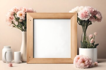 wooden frame, flowers and bouquet mockup