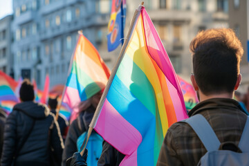 Back view of people with LGBT and Trans flags protest on the street
