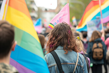 Back view of people with LGBT and Trans flags protest on the street