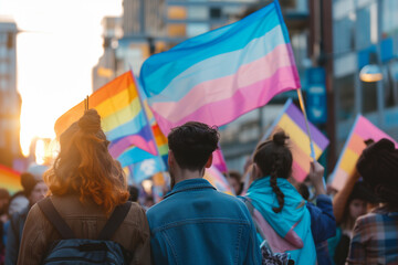 Fototapeta premium Back view of people with LGBT and Trans flags protest on the street