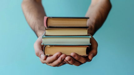 Mans hands holding pile of books over light blue background. Education, library, science,...