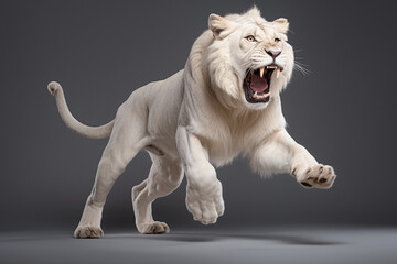 Obraz premium Young White Lion leaping toward the camera on a gray background, feline front portrait.