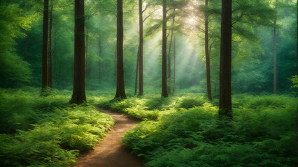 Sunny Forest in spring, Silent Forest in spring with bright sun rays