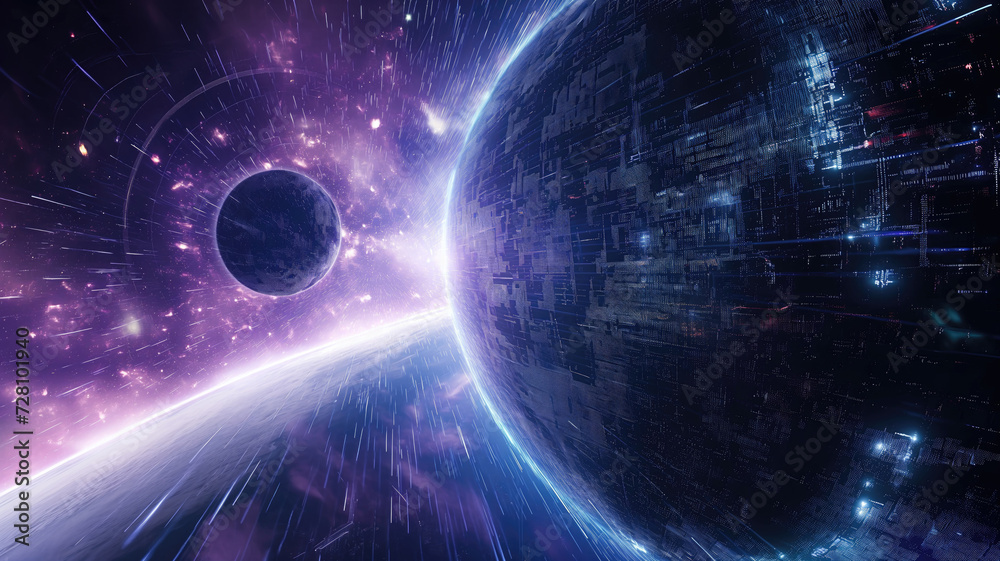 Wall mural the dark universe and a planet moving inside the cyber space and high technology and unknown space a