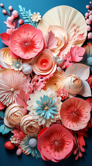 Paper flowers on a blue background. Paper art. Papercraft.