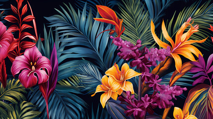 Lush Palm and Exotic Floral Pattern