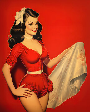 Retro 1950's pin up style advertising shot postcard of girl, woman showing red underwear with shawl in hand on red background