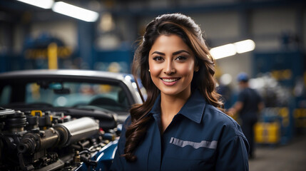 smiling young mechanic women at her work space - obrazy, fototapety, plakaty