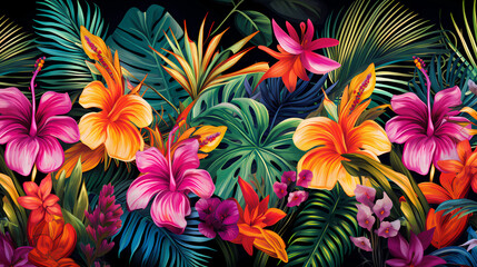 Fototapeta na wymiar Lush Palm and Exotic Floral Pattern