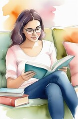 Young woman reading a book on sofa - 728102716