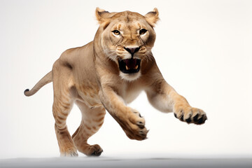 Obraz premium Lioness leaping toward the camera on a white background, feline front portrait.