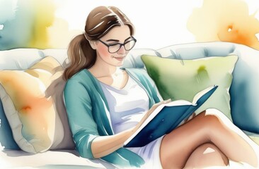 Young woman reading a book on sofa. White brunette woman sitting on couch and reading a book - 728102728