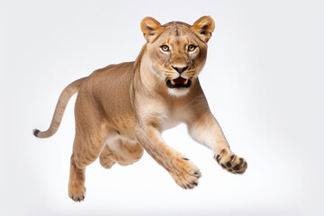 Lioness leaping toward the camera on a white background, feline front portrait.