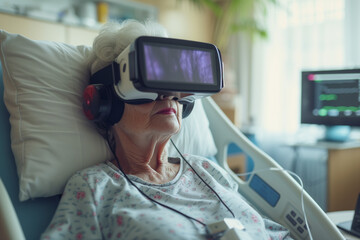 Gamification in healthcare showing older female patient laying in a hospital bed and wearing a virtual reality headset. Caucasian older lady is wearing VR goggles for relaxation during her threatment